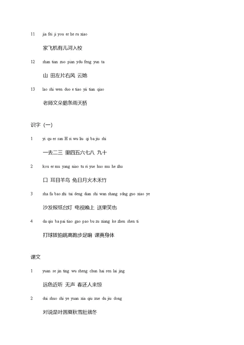 义务教育课程标准实验教科书语文一年级生字表
