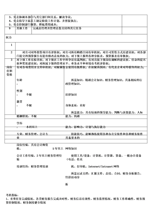 财务总监岗位分析计划表格