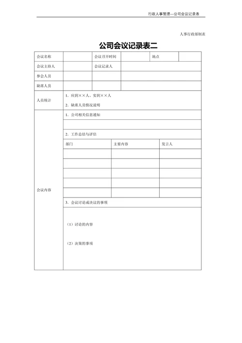 公司会议记录表行政人事管理
