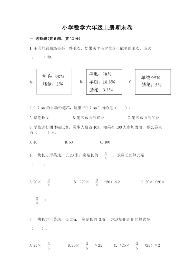 小学数学六年级上册期末卷及参考答案【满分必刷】.docx