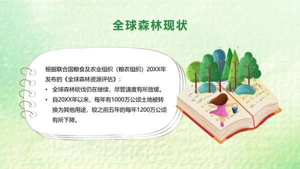 绿色卡通简约展板风世界森林日主题PPT模板