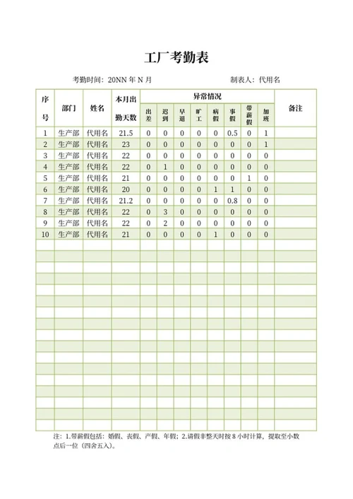 工厂员工考勤表word模板