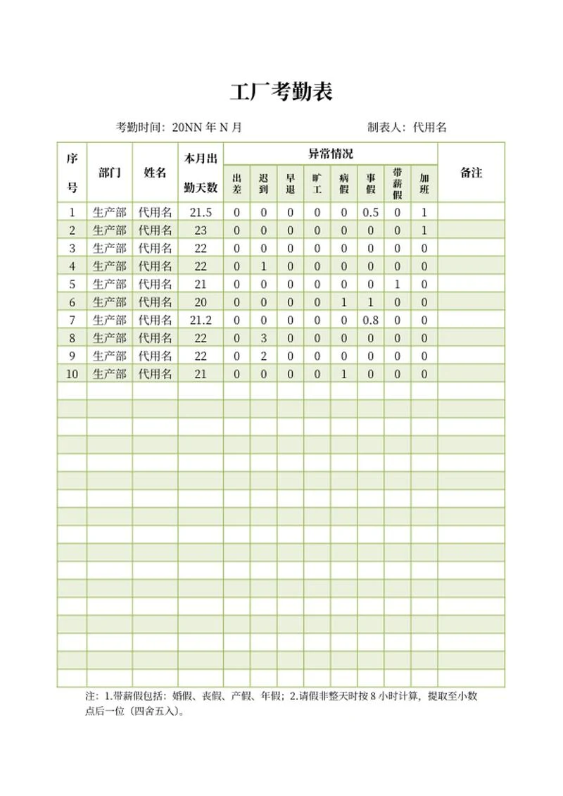 工厂员工考勤表word模板