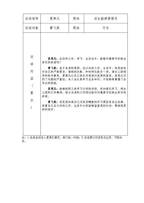 谈心谈话登记表范文模板