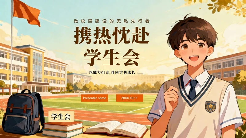 黄色手绘插画风校园学生会面试自我介绍PPT模板