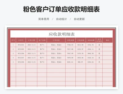 粉色客户订单应收款明细表