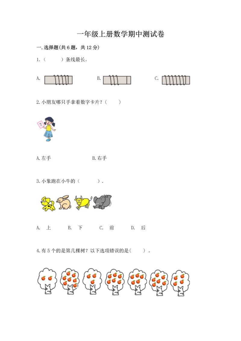 一年级上册数学期中测试卷【易错题】.docx