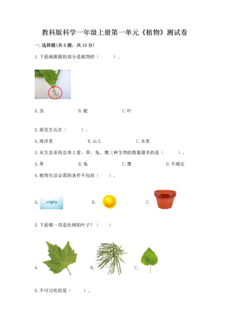 教科版科学一年级上册第一单元《植物》测试卷及参考答案（新）.docx