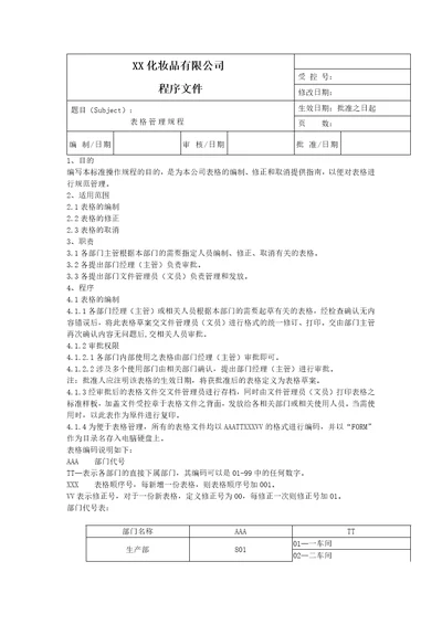 企业管理xx化妆品有限公司表格管理规程doc