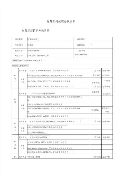 财务部岗位岗位说明书
