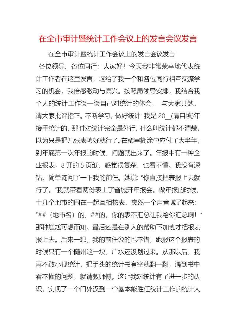 在全市审计暨统计工作会议上的发言会议发言