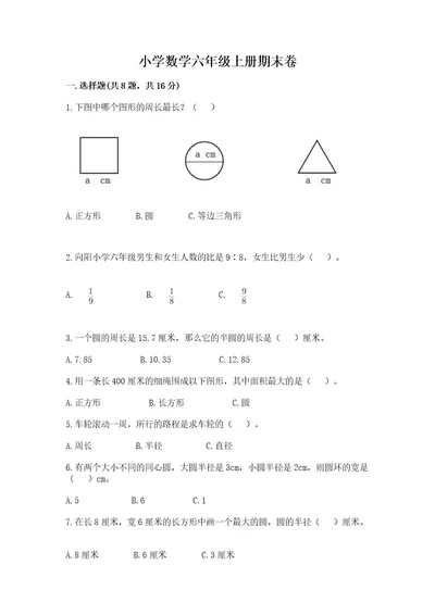 小学数学六年级上册期末卷附答案达标题