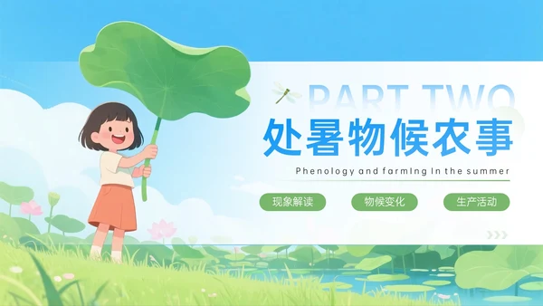 蓝绿色插画处暑节气PPT模板