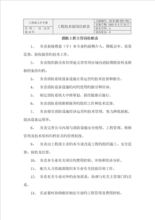 物业公司工程技术部岗位职责