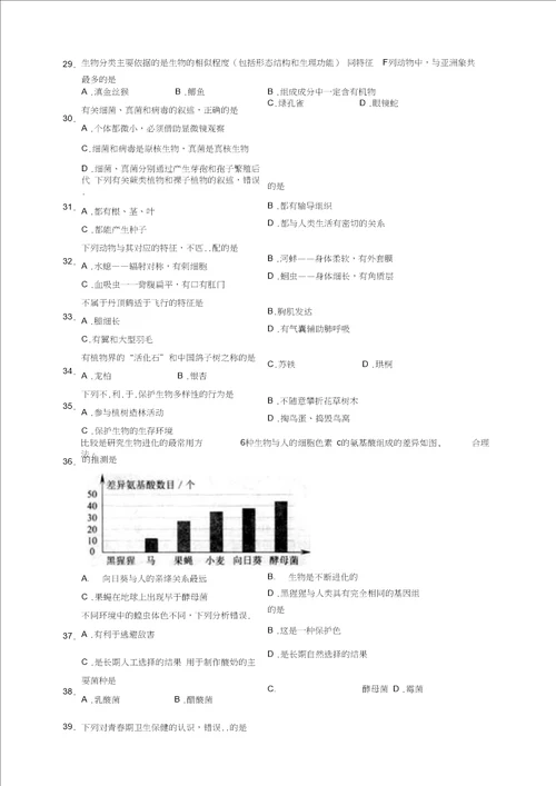 昆明市2016年初中学业水平考试生物试卷及答案WOrd版汇总
