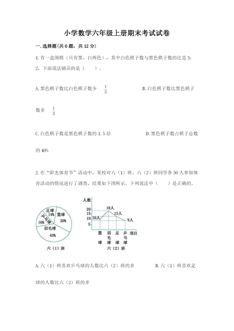 小学数学六年级上册期末考试试卷及参考答案（黄金题型）.docx