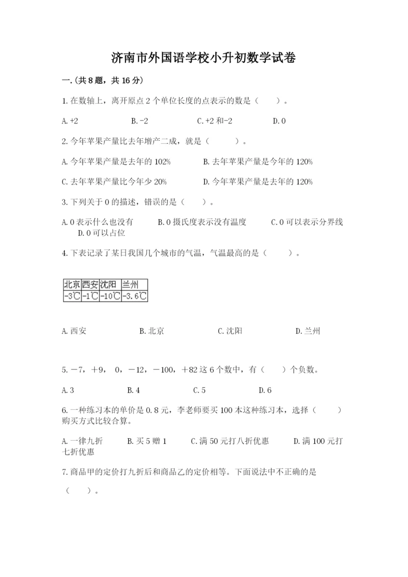 济南市外国语学校小升初数学试卷精品（名师推荐）.docx