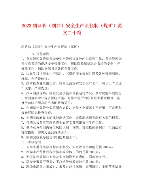 2023副队长副井安全生产责任制煤矿范文二十篇