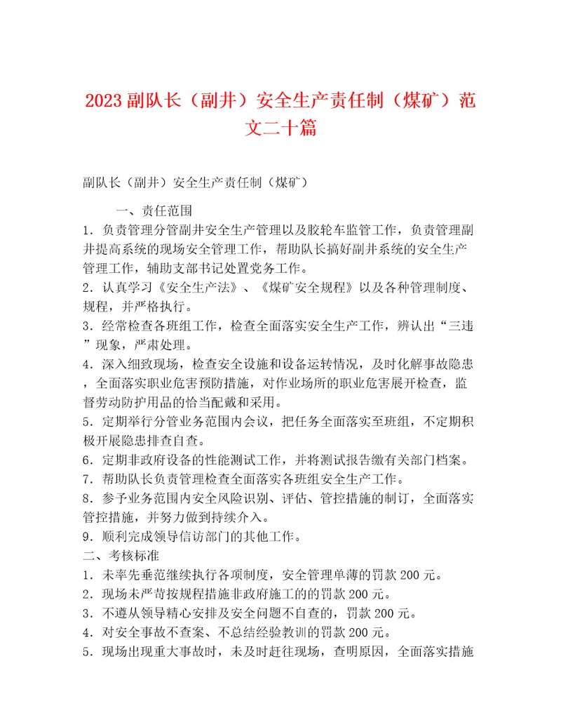 2023副队长副井安全生产责任制煤矿范文二十篇