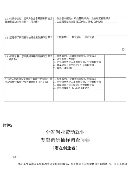 全省创业带动就业专题调研抽样调查问卷