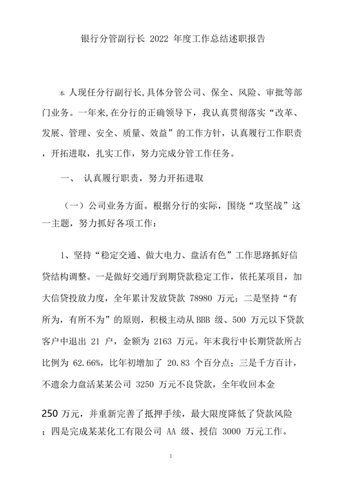 银行分管副行长2022年度工作总结述职报告