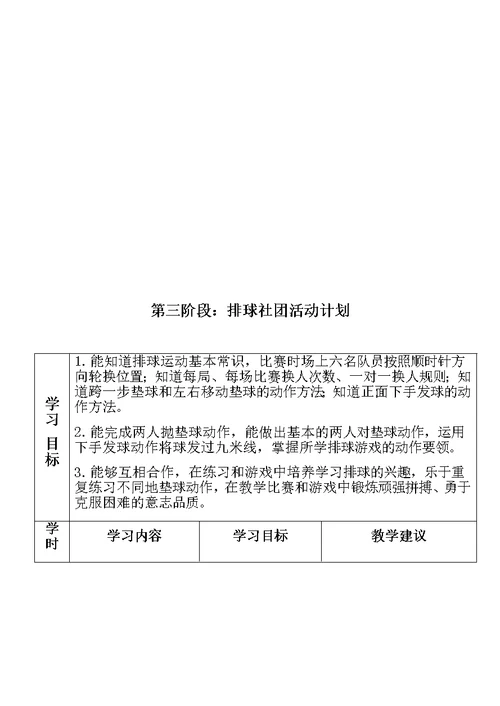 排球社团活动课计划及教案（16课）