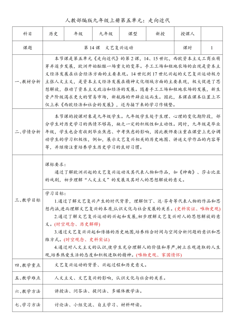 第14课  文艺复兴运动（教案）-【课堂无忧】新课标同步核心素养课堂