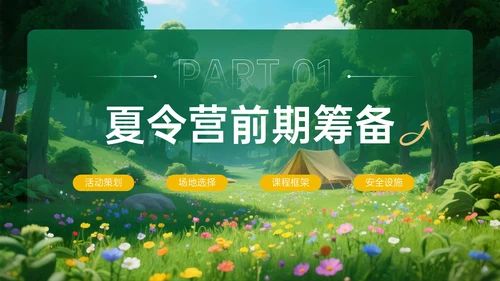 绿黄色3D立体暑假欢乐夏令营PPT模板