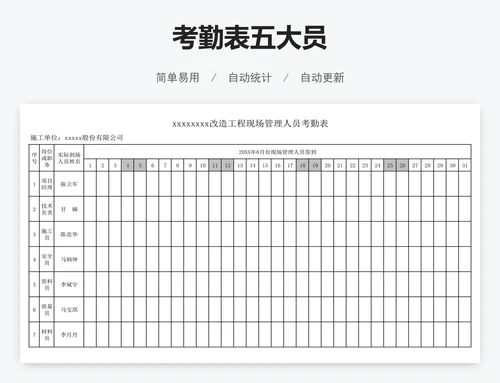 考勤表五大员