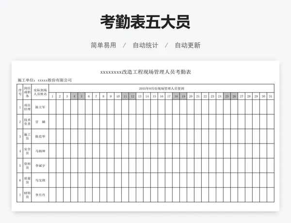 考勤表五大员