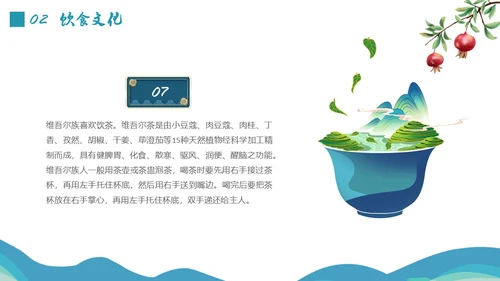 蓝绿色插画维吾尔族少数民族介绍学生PPT