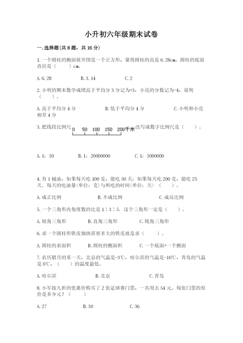 小升初六年级期末试卷附答案（巩固）.docx