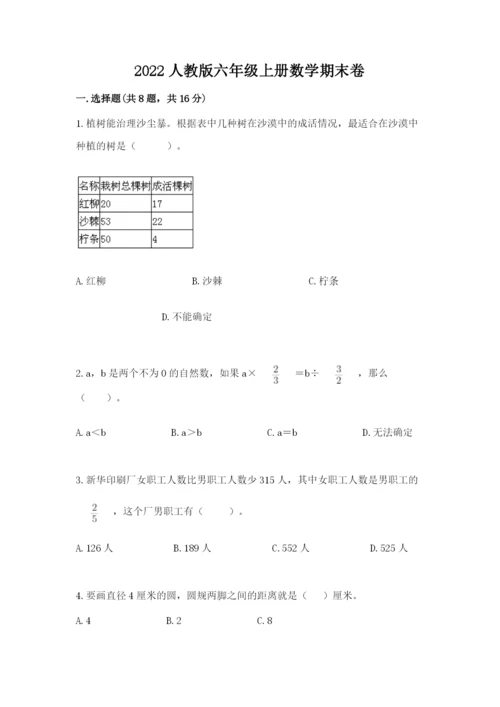 2022人教版六年级上册数学期末卷（考点提分）.docx