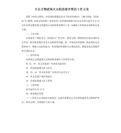 全县文物建筑火灾隐患排查整治工作方案