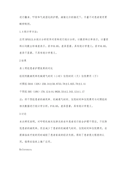 浅谈综合护理干预对老年患者呼吸机相关性肺炎的影响.docx