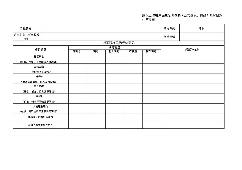 建筑工程用户满意度调查表(公共建筑