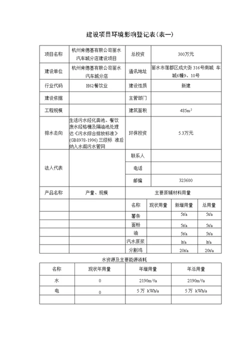 环境影响评价报告公示：杭州肯德基丽水汽车城分店环评报告