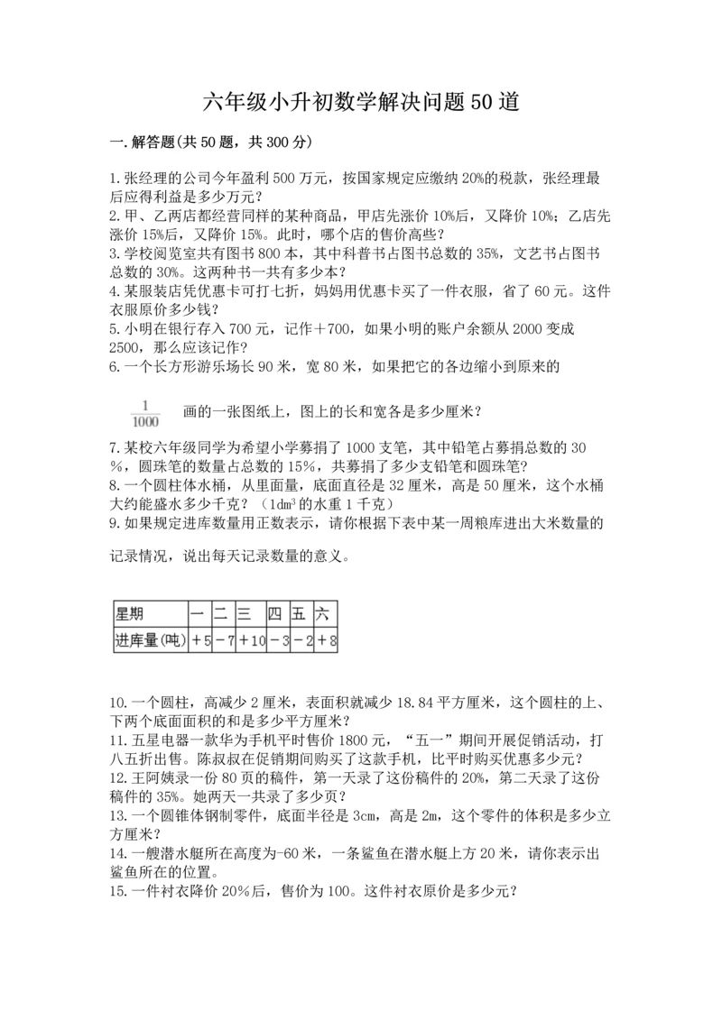 六年级小升初数学解决问题50道含答案（巩固）.docx