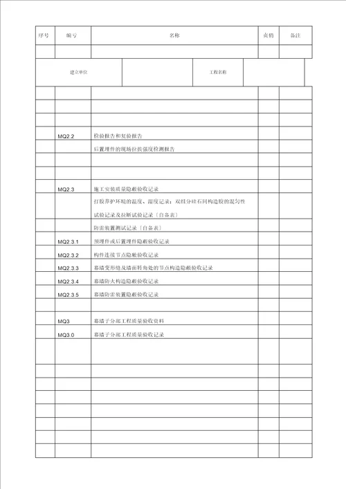 幕墙工程施工质量竣工验收材料的表格