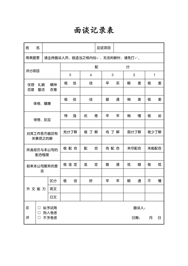 招聘面试面谈记录表