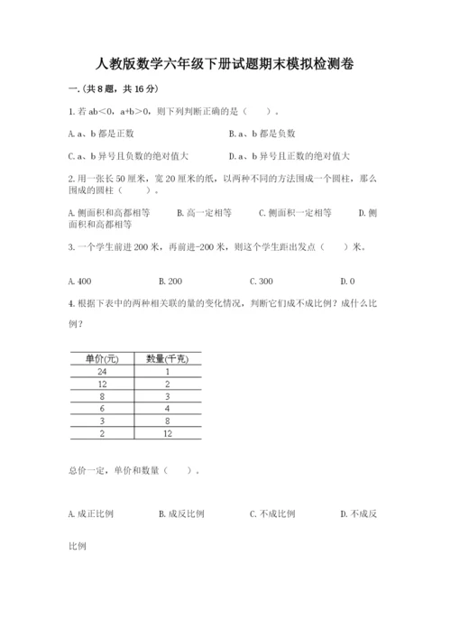 人教版数学六年级下册试题期末模拟检测卷附答案（模拟题）.docx