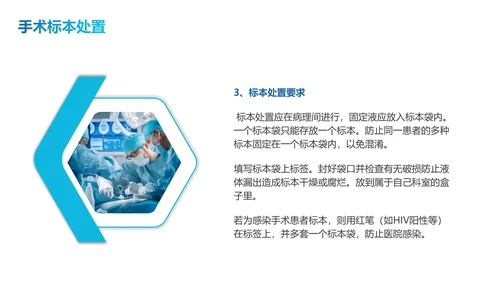 蓝色简约商务随机线条翻页式手术标本如何管理PPT模板护理
