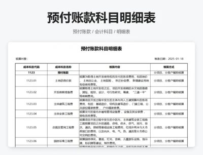 预付账款科目明细表