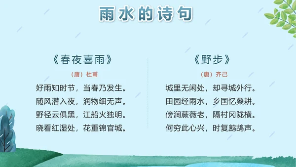 蓝色卡通户外二十四节气雨水节气带内容PPT模板