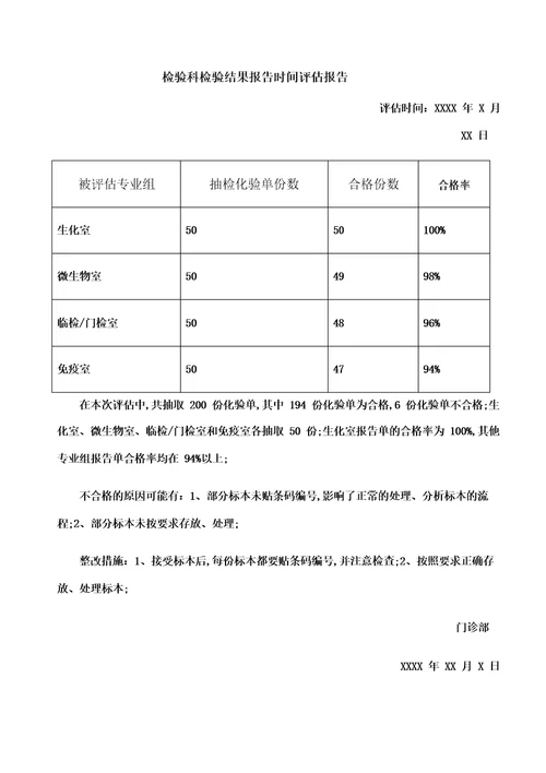 检验科检验结果报告时间评估报告及整改措施