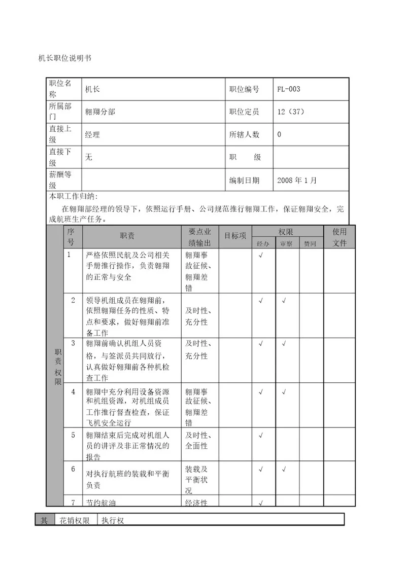 物流公司机长职位说明书及关键绩效标准