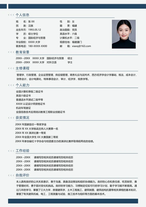 国际经济与贸易个人简历