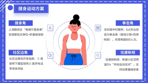 蓝色扁平插画风格全民健身宣传PPT模板