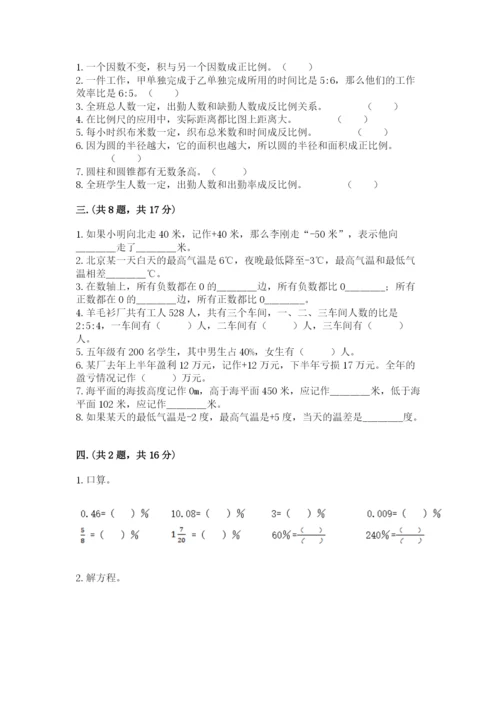 河南省平顶山市六年级下册数学期末考试试卷及参考答案一套.docx