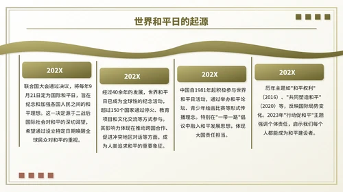 褐色小清新世界和平日主题班会PPT模板